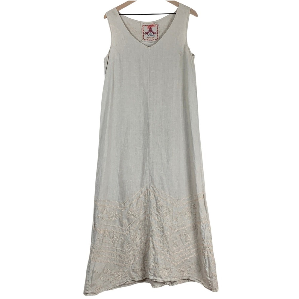 JW Johnny Was Los Angeles Joy Love Light Linen Embroidered Maxi Dress Sz M Beige
